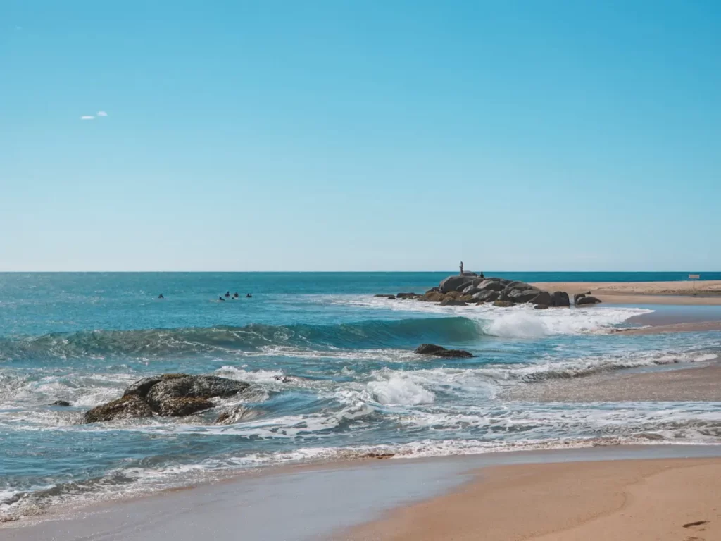 Five people sit at the lineup waiting for waves at Peanut Farm Beach