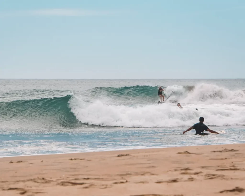 A man drops in on the main point at peanut farm beach whilst another surfer watches