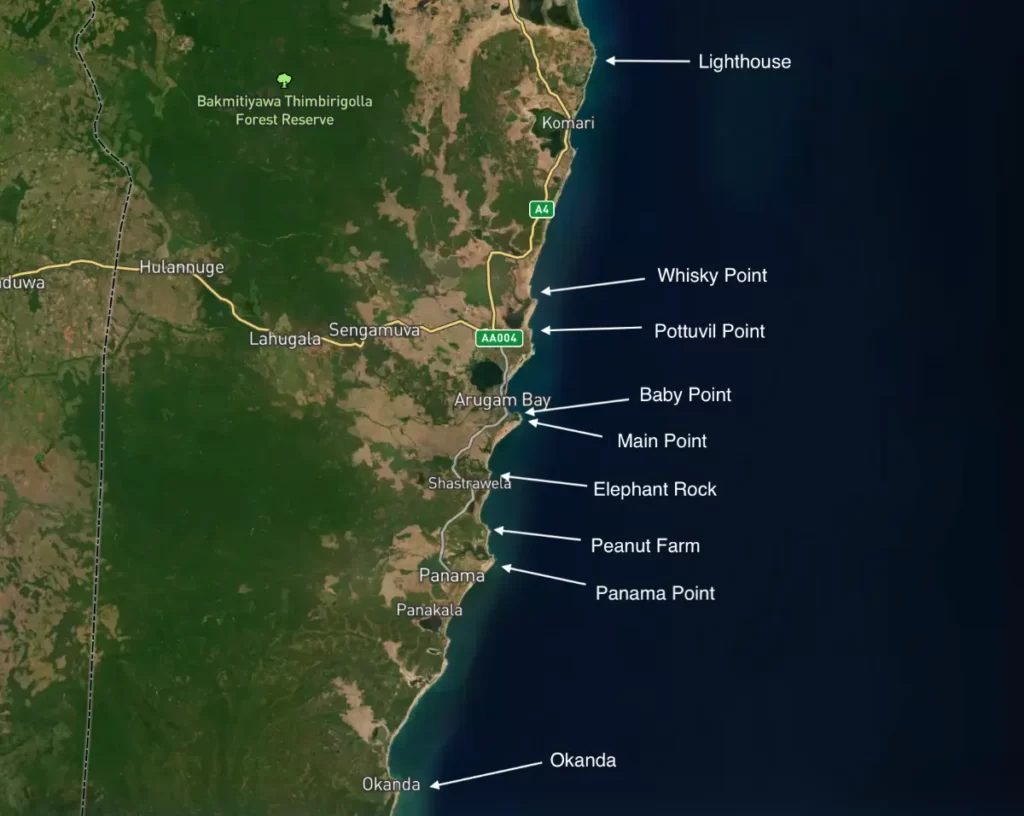 Arugam Bay Surf Map with all the spots in the area