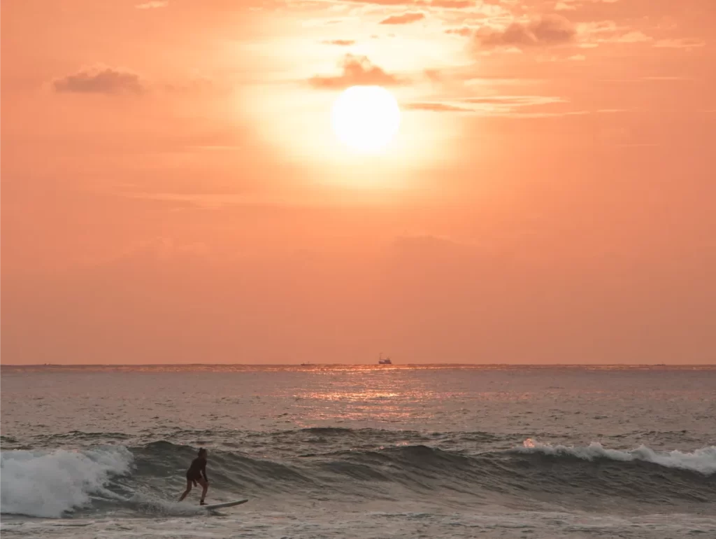 A beginner surfer on a wave with the sun setting in the background