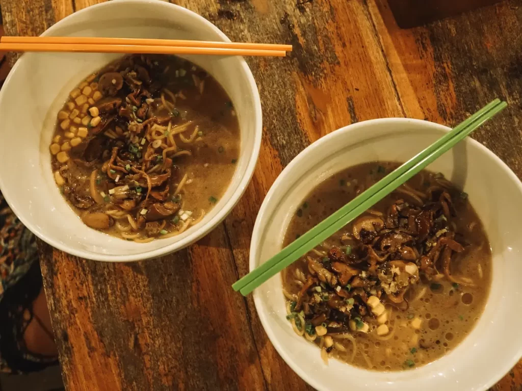 Two mushroom ramen bowls served at Little Bang Kitchen in Arugam Bay