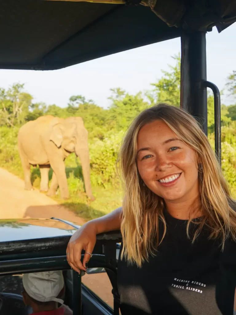 A girl smiling in a jeep with an elephant behind her in Udawalawe national park