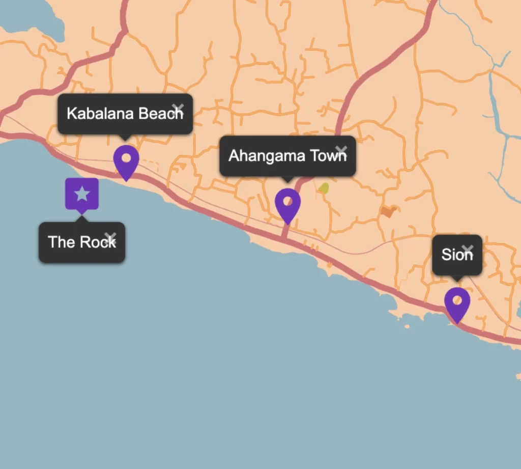 A map of which areas to stay in Ahangama relative to The Rock Kabalana