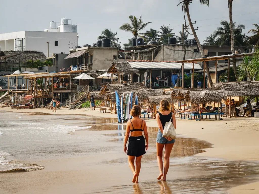 Two girls walk down Ahangama Beach towards the sunloungers