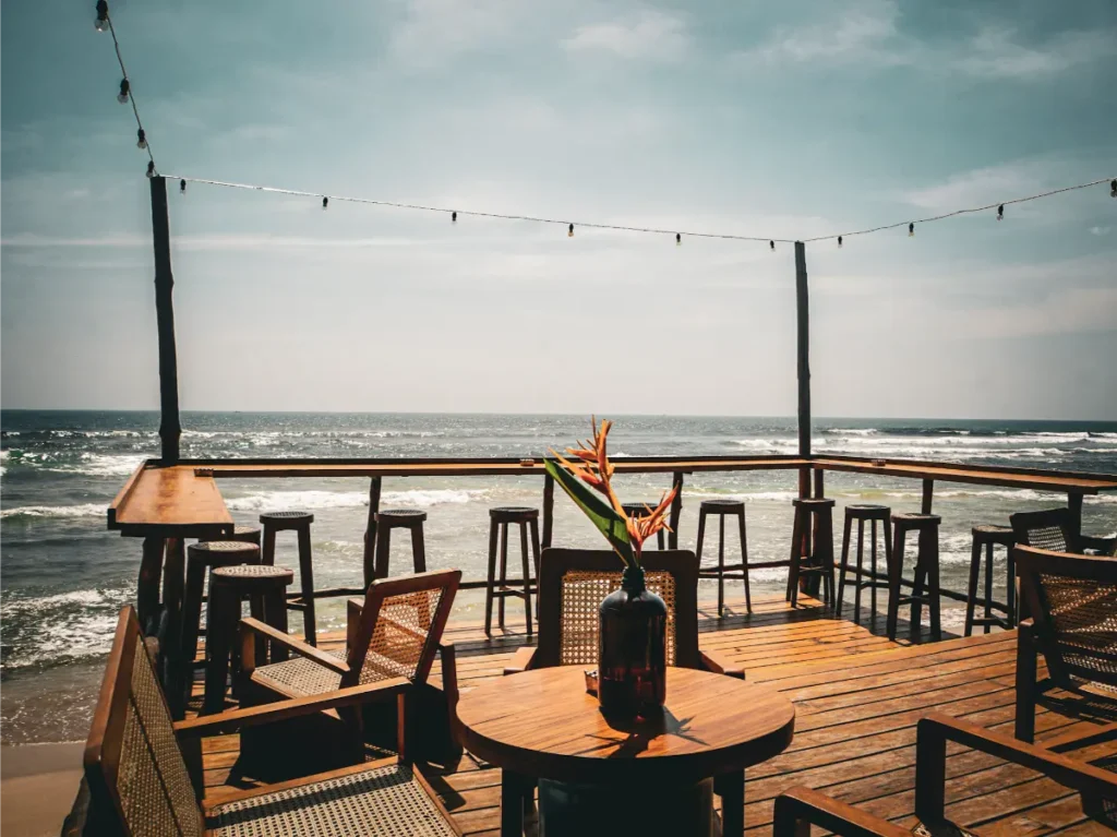 The wooden decking looking out to the ocean at Ahangama Beach