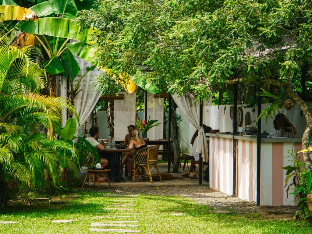 The Turkish influenced garden with drapes and pink colours at Sisters Away