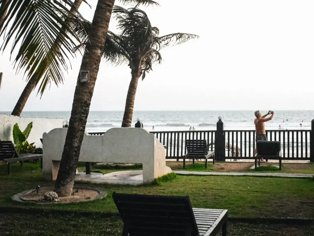 The garden looking out to Kabalana Beach at Tharanga Surfing Villa