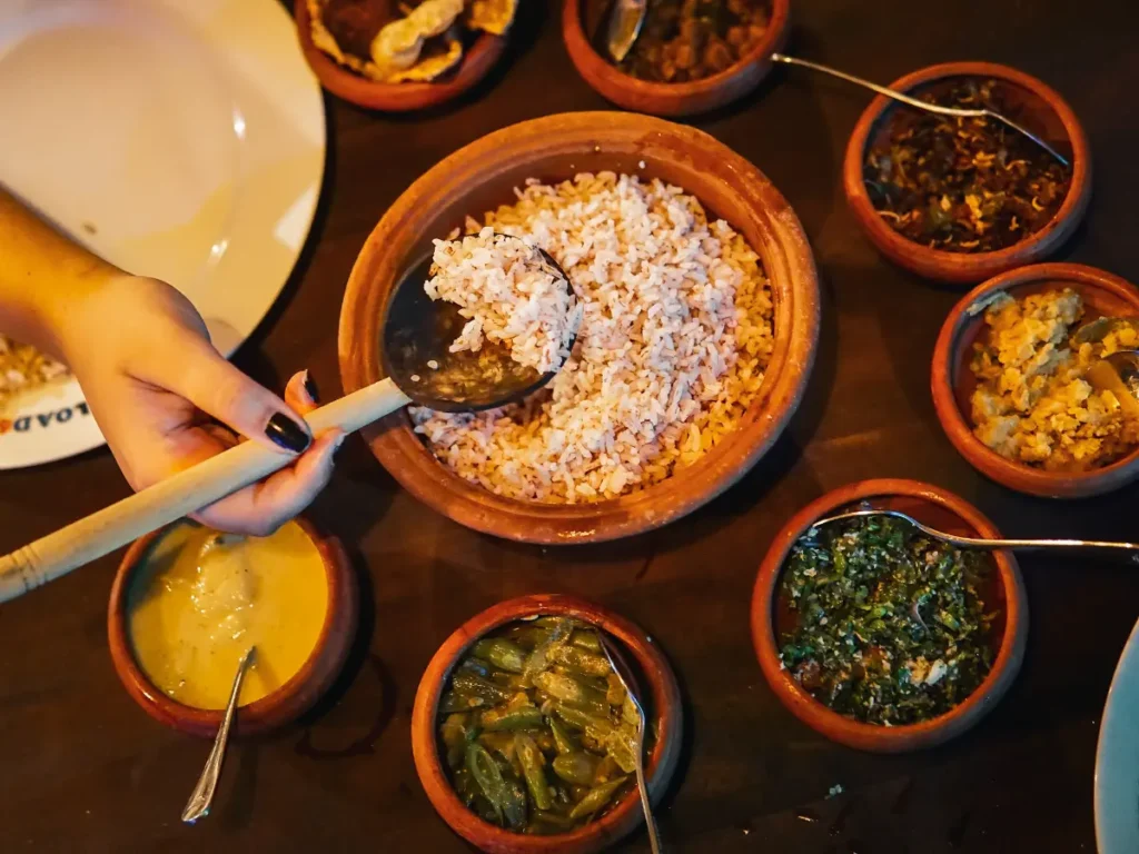 A local rice and curry buffet served in Ahangama, one of the best things to eat when keeping costs down