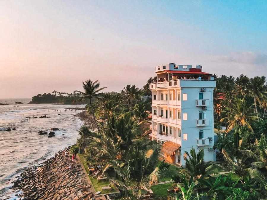 The Lighthouse hotel property at sunset, one of the best places to stay in Ahangama