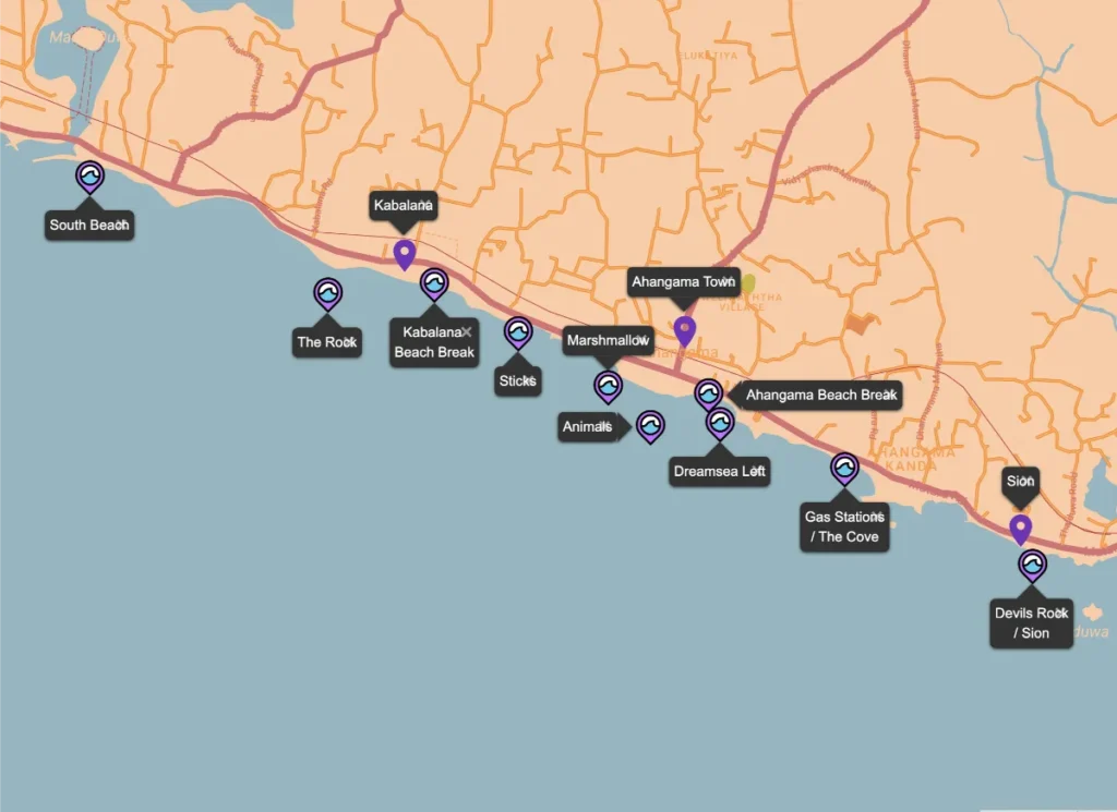 Ahangama surf spot map, find the secret spots