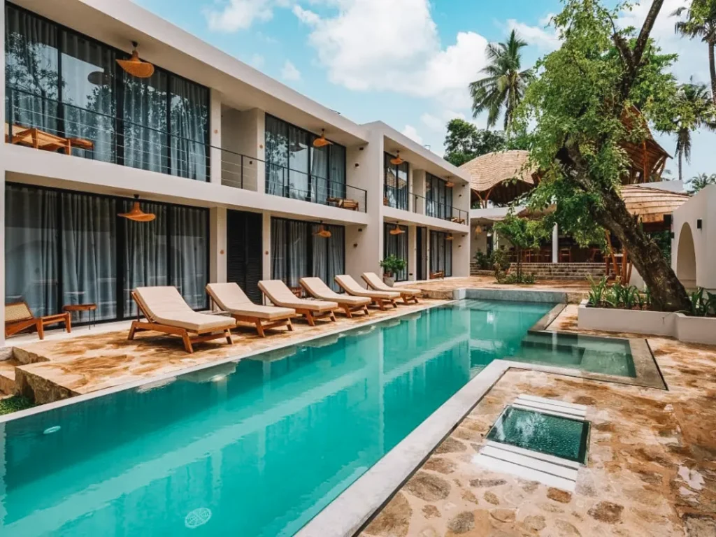 The pool and sun loungers at Terra Resort