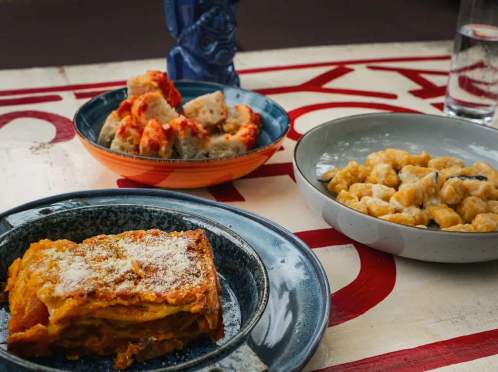 A pasta meal and Focaccia served at Komorebi