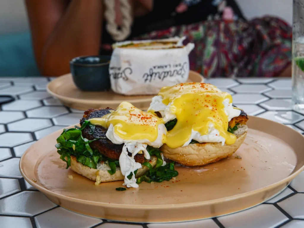 Eggs benedict served at Spindrift, Madiha, a great meal to try