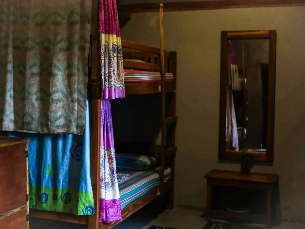 The basic bunk beds at Hangten Surfskate hostel in Arugam Bay