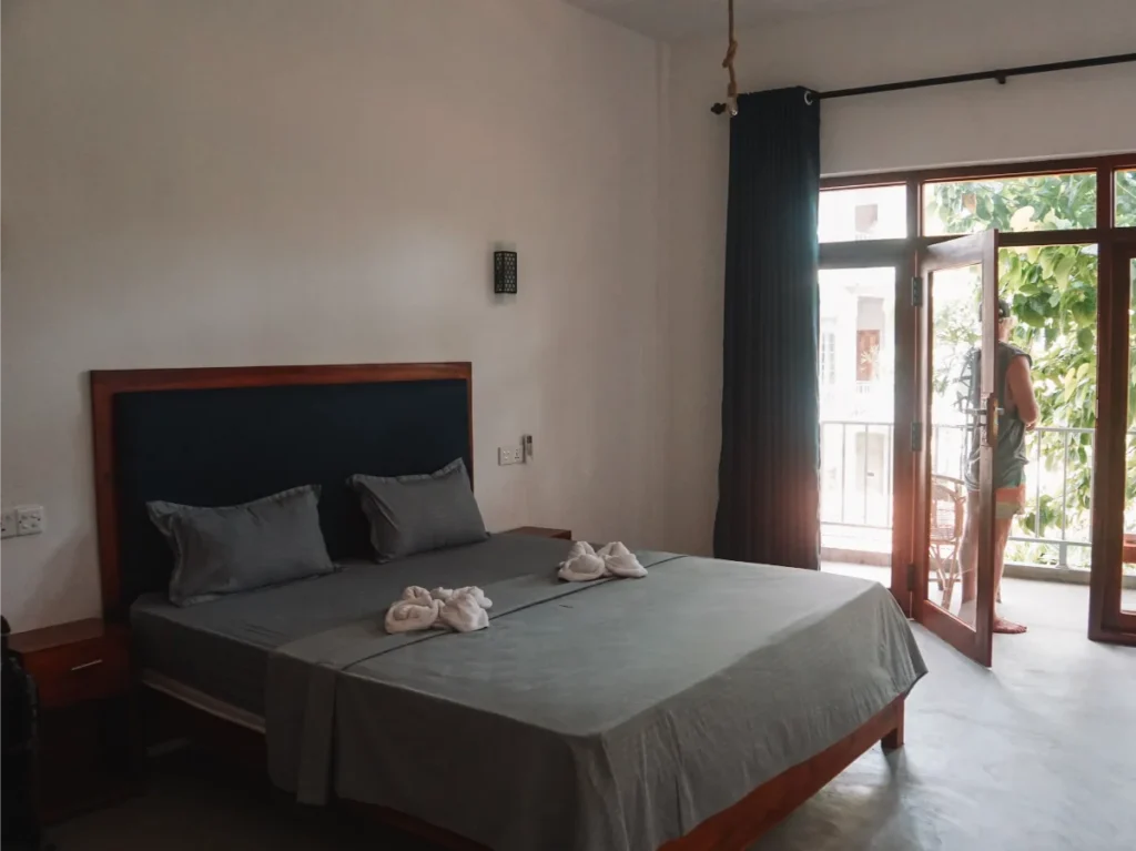 The bedroom and balconies at Surf Gangs, a top hotel in Arugam Bay