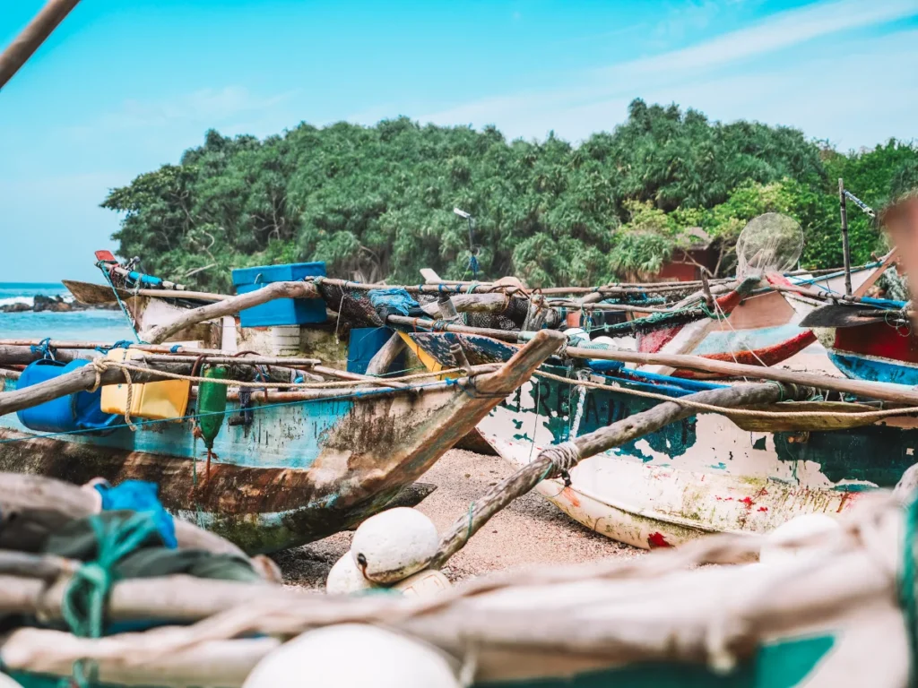 Traditional fishing boats at Blue Beach Nilwella - Local life near Hiriketiya, Sri Lanka
