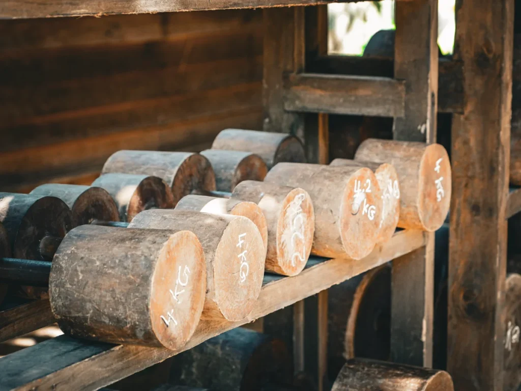 Handmade wooden dumbbells at Fitness Jungle - Jungle gym experience in Hiriketiya
